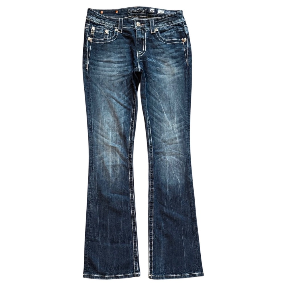 Miss Me Jeans Women 30 Blue Bootcut JP5086B Fleur De Lis Embroidered Bling Denim